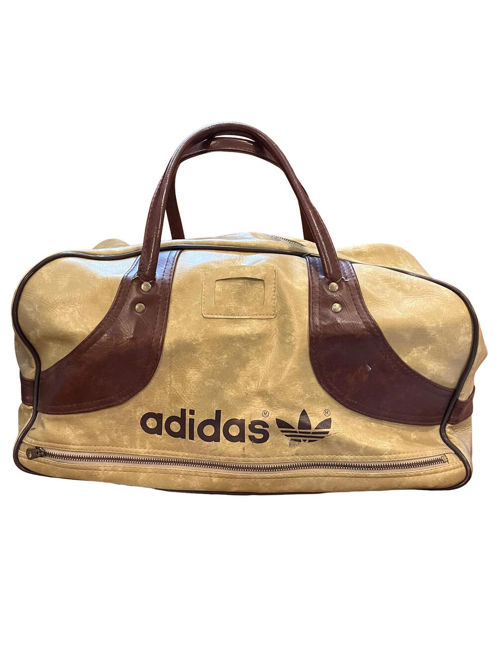 Vintage 1970s Adidas Beige Duffel Bag Brown Trim Travel Gym Soft Case